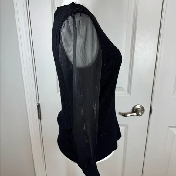 Talbots Petite Black Textured Knit Sweater Sheer Sleeves OfficeCore - Picture 2 of 8